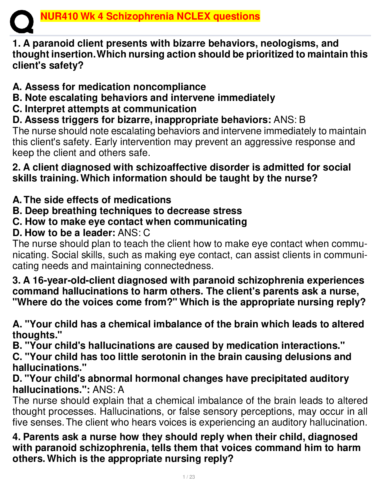 Preview image for NUR410 Wk 4 Schizophrenia NCLEX questions